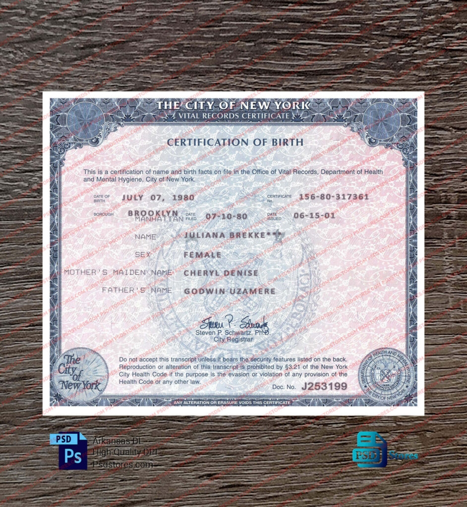 NewYork Birth Certificate Template PSD Stores