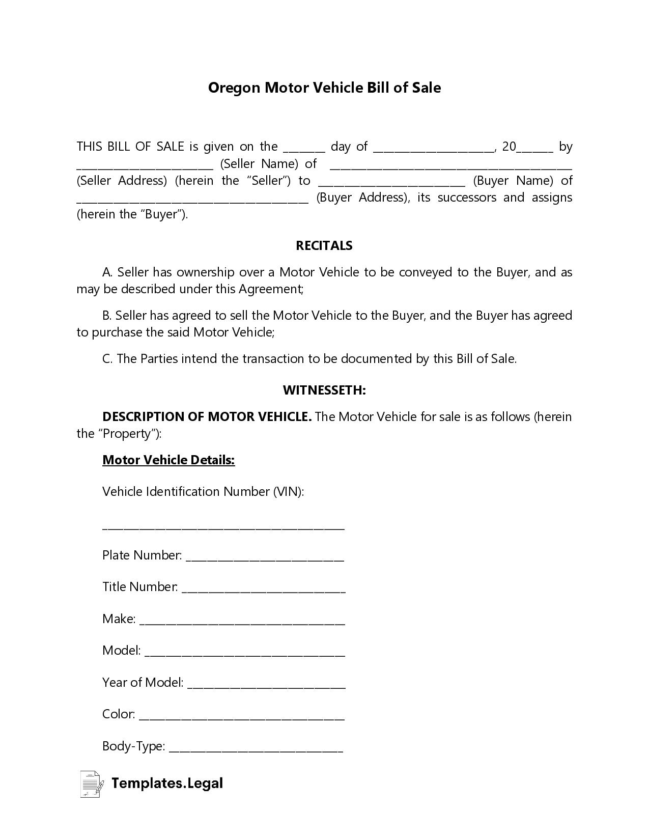 Oregon Bill Of Sale Templates Free Word PDF ODT 