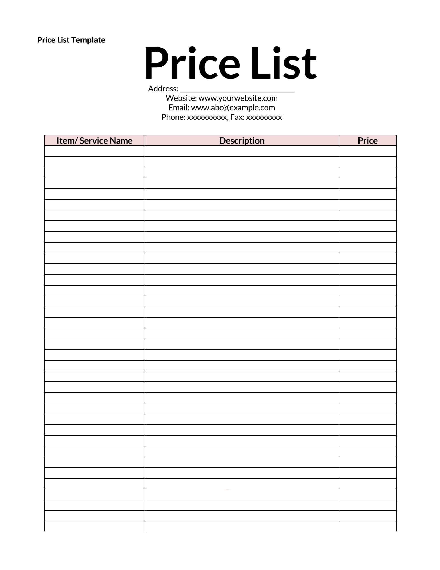 Price List Template Free Downloads