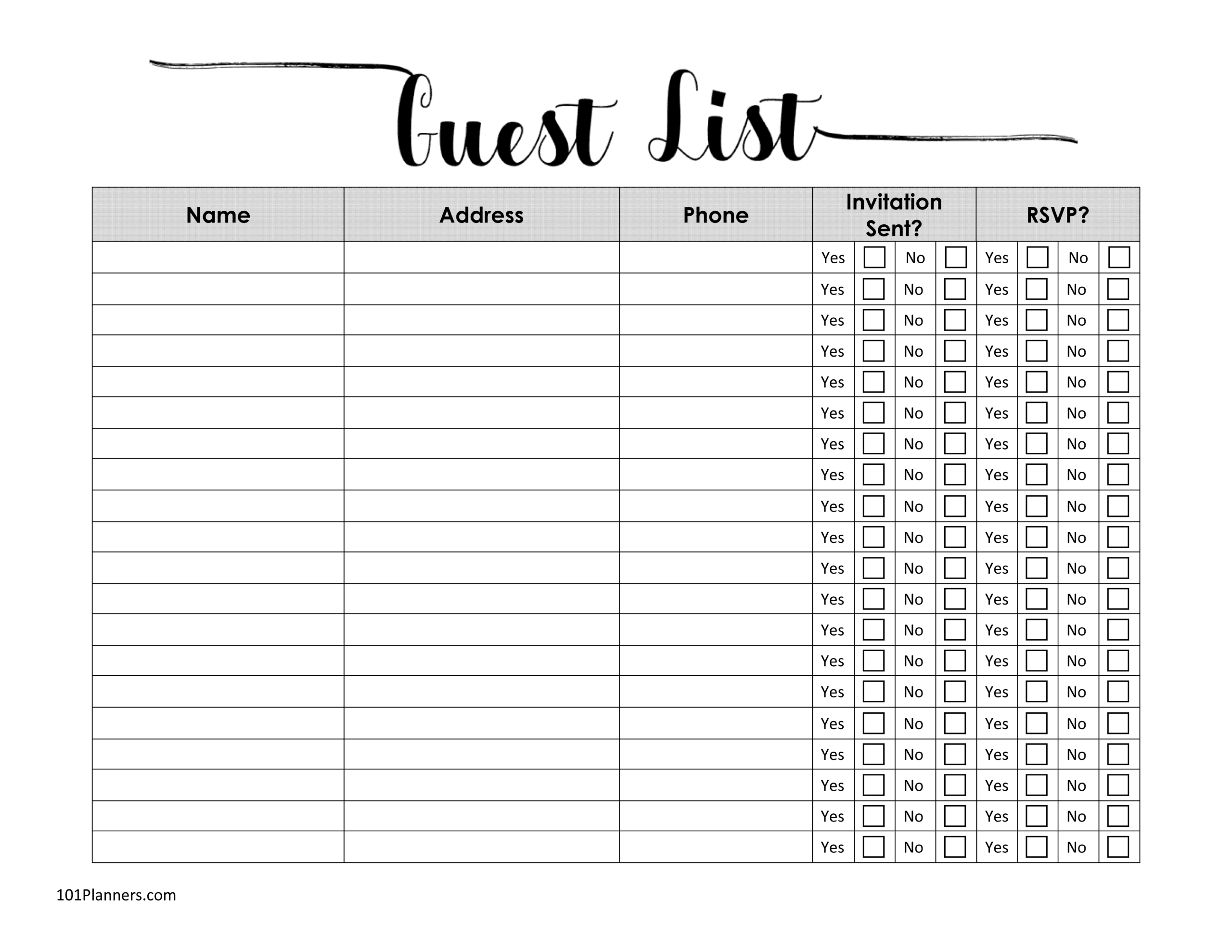 Blank Guest List Templates