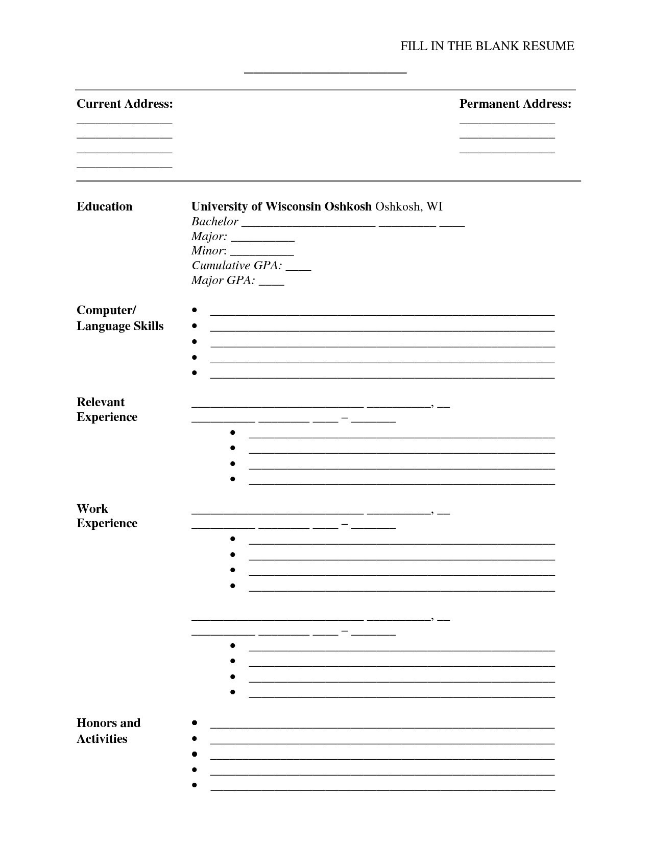 Printable Blank Resume Form