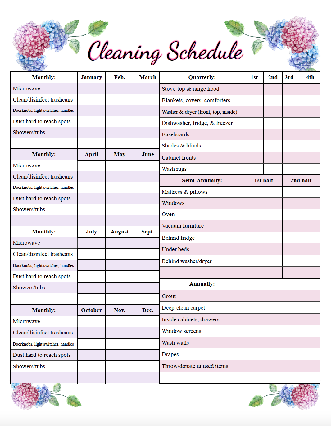 Printable Cleaning Schedule Template