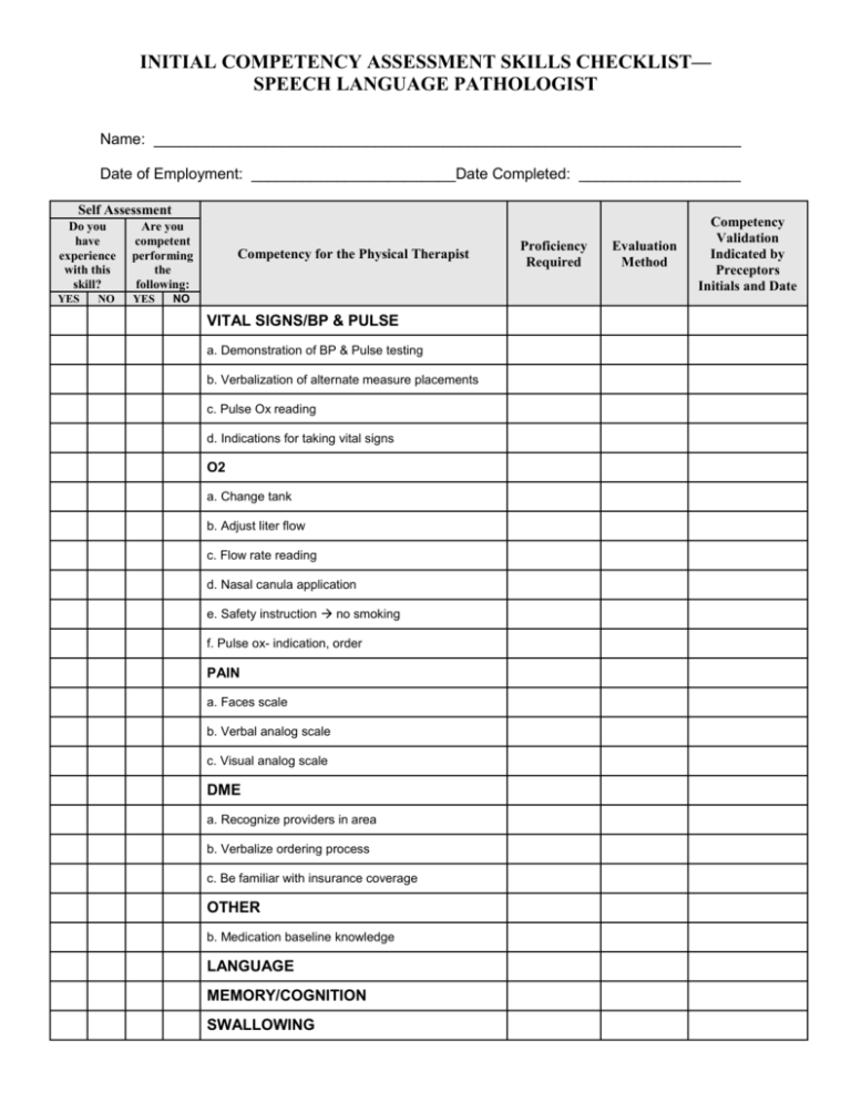 Printable Competency Checklist Template