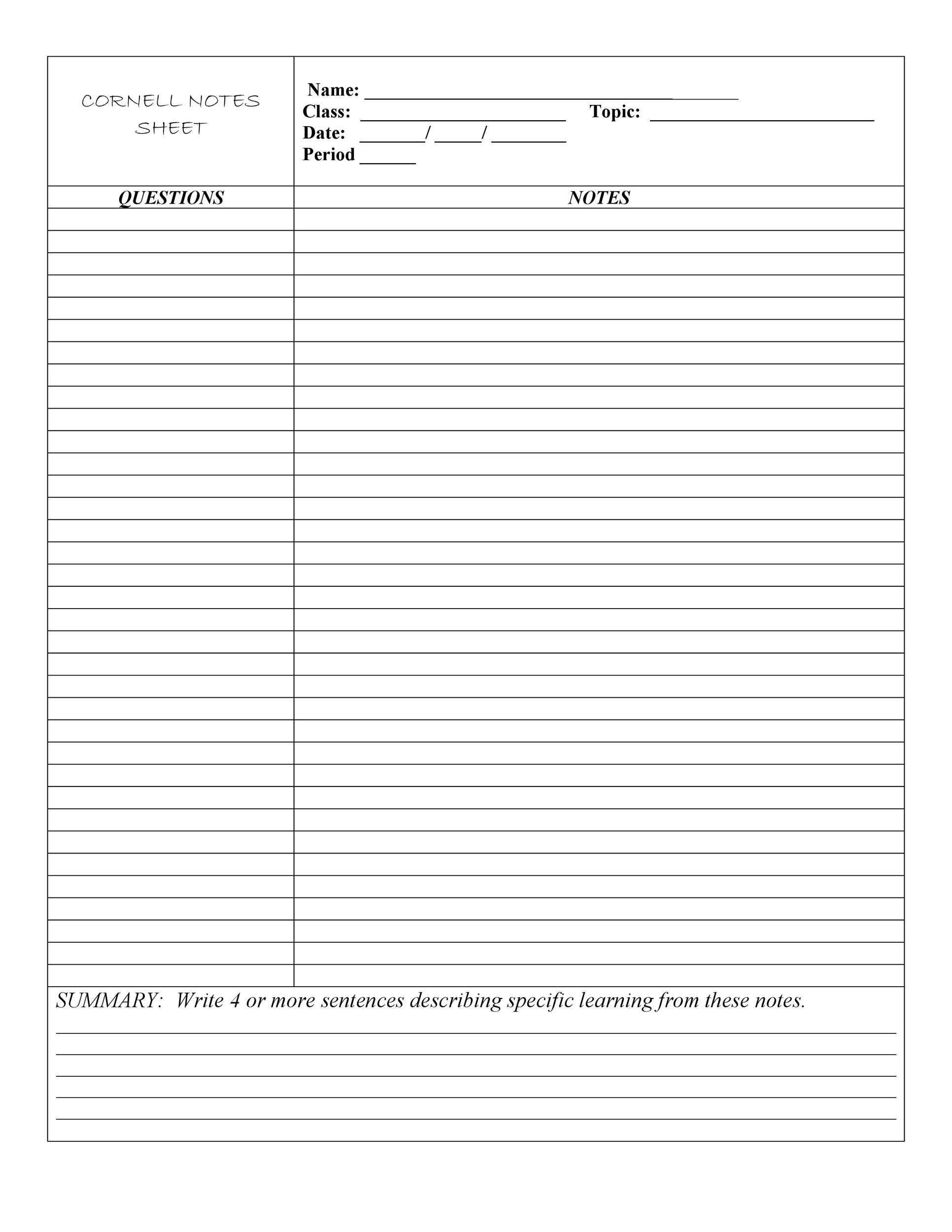 Printable Cornell Note Taking Template Printable Templates