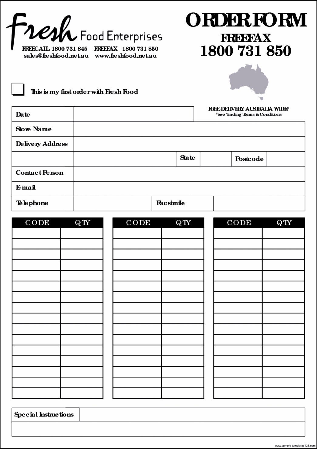 Printable Food Order Form Template