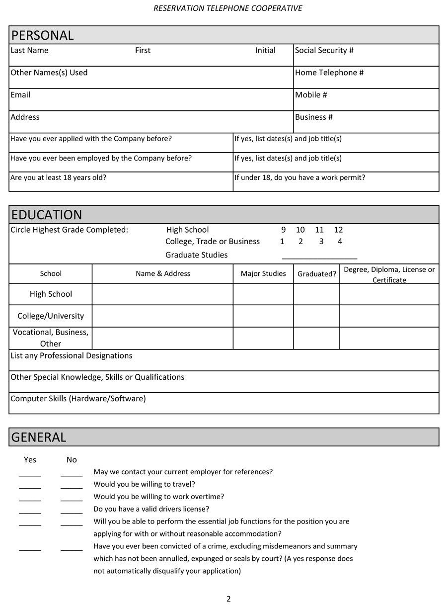 Blank Employment Application Templates