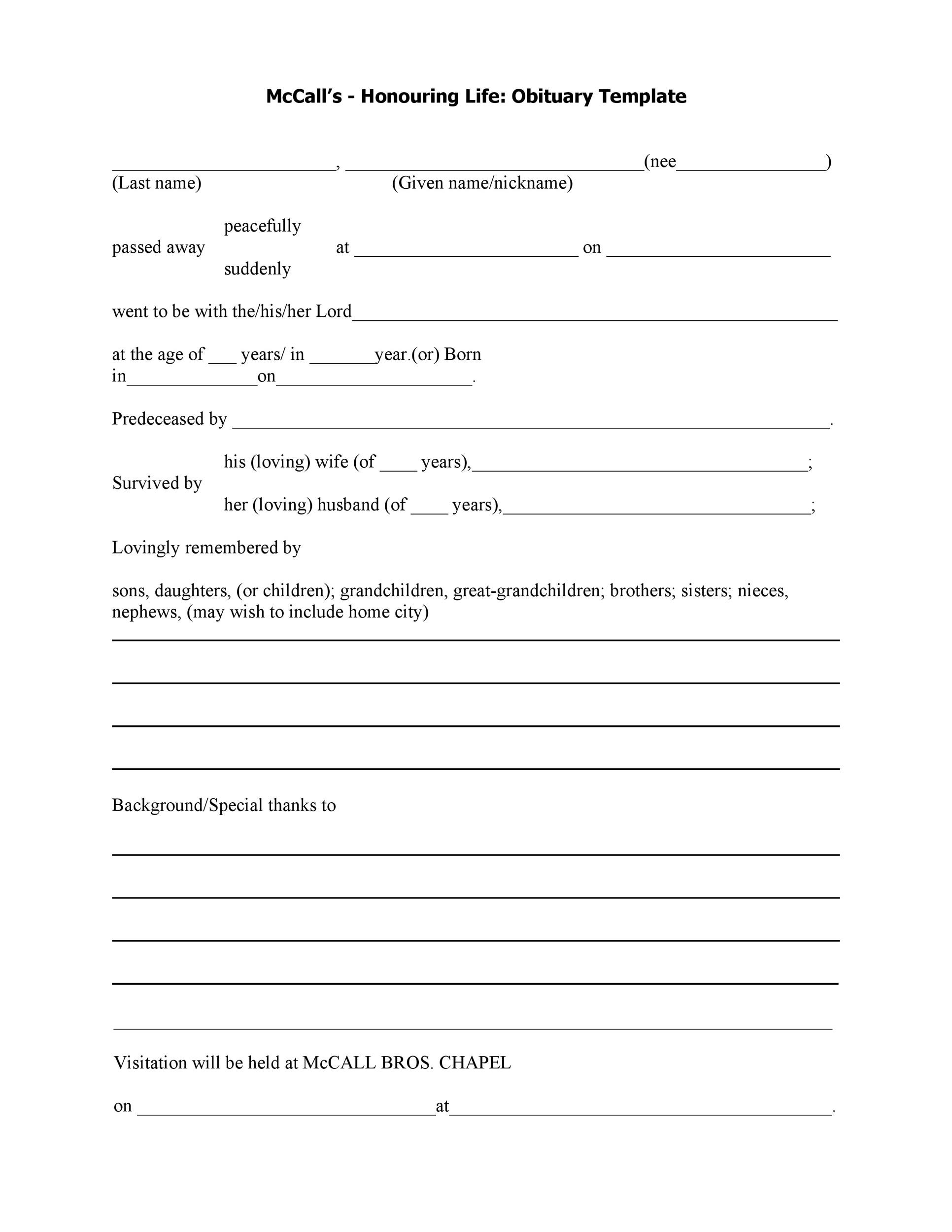Printable Obituary Template Free Free Templates Printable