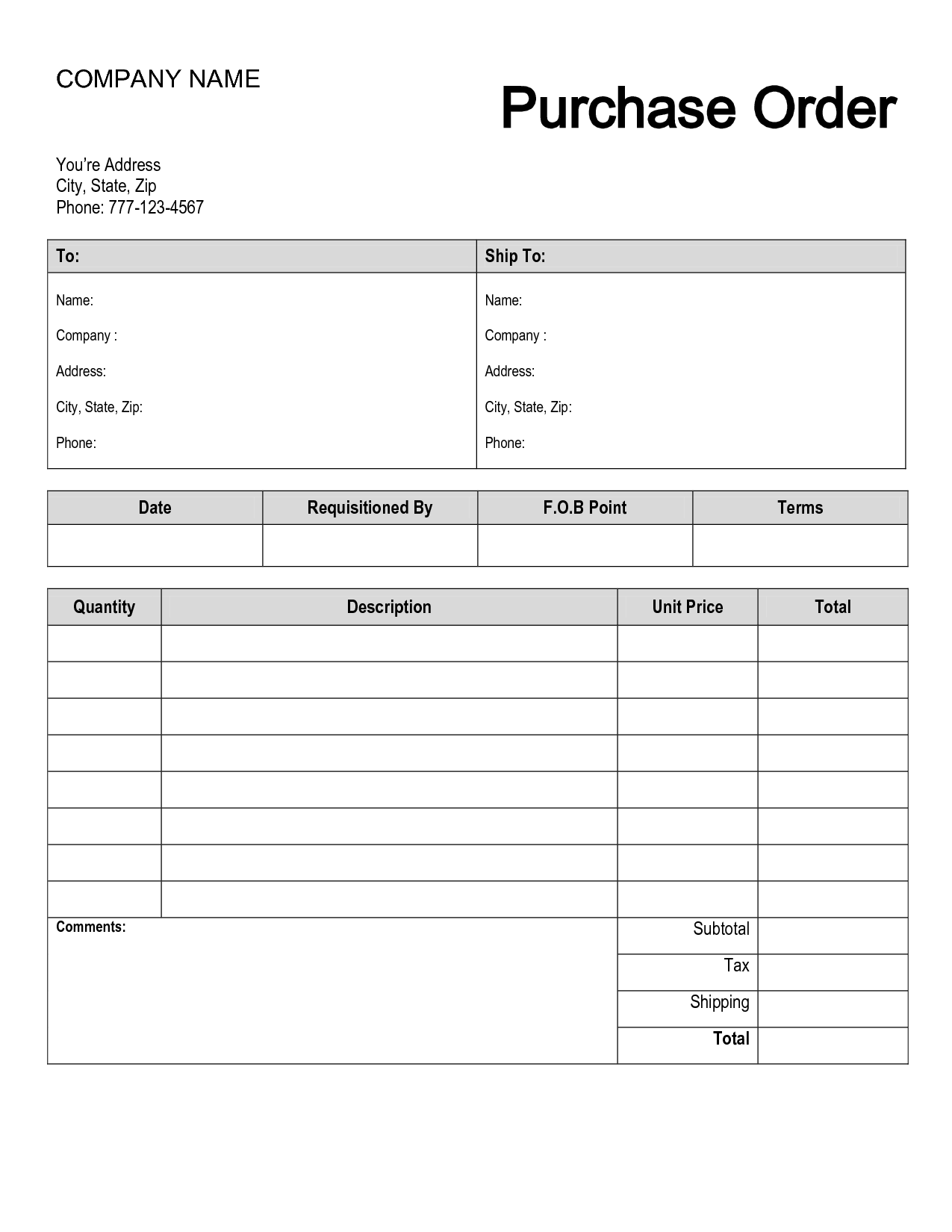 Printable Purchase Order Template