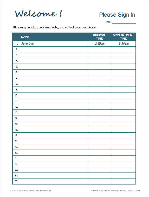 Printable Sign In Sheets
