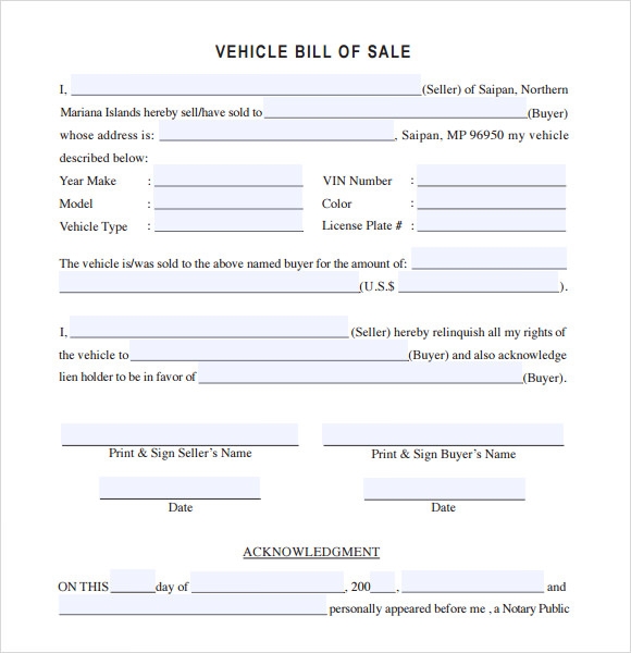 Blank Auto Bill Of Sale Templates