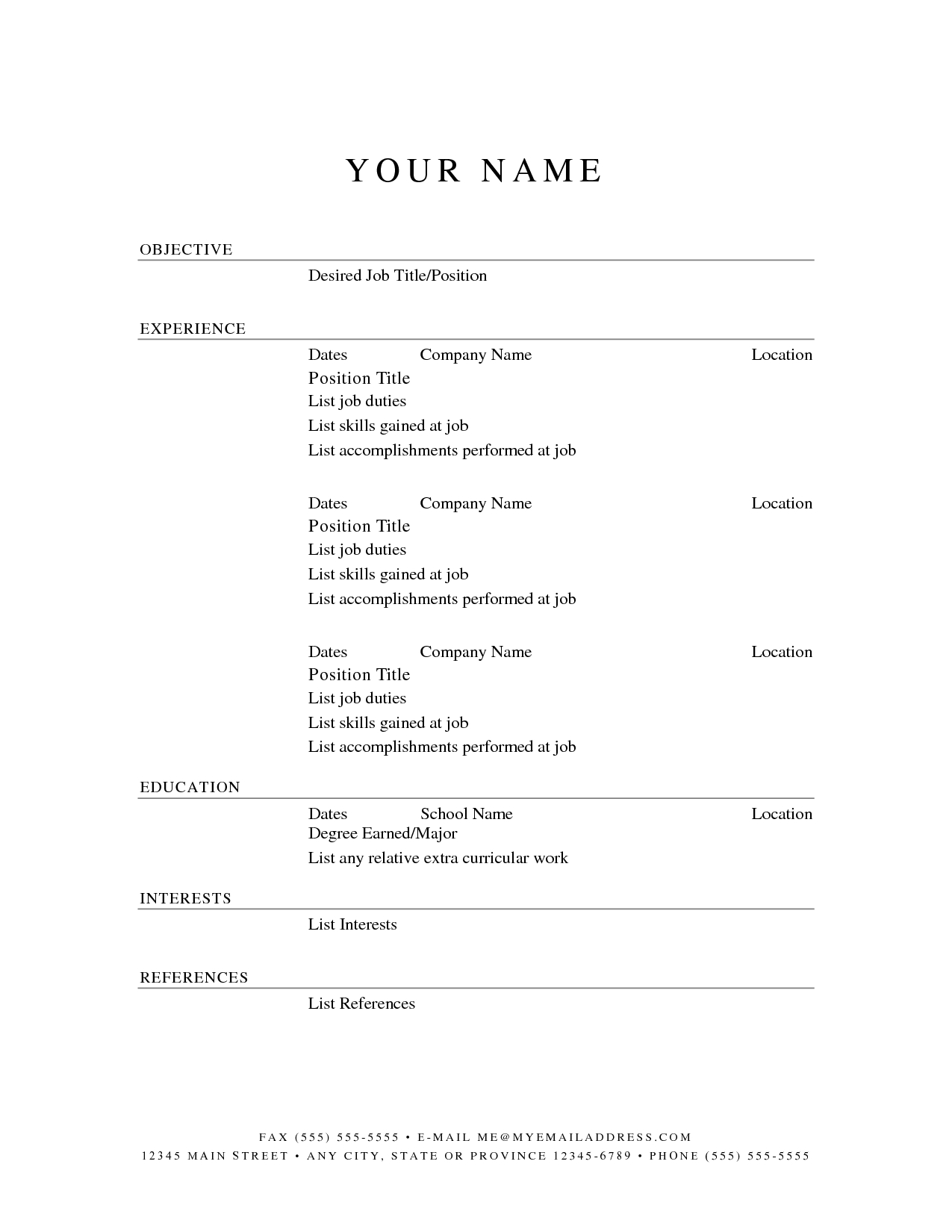 Blank Resume Templates Free Printable Form