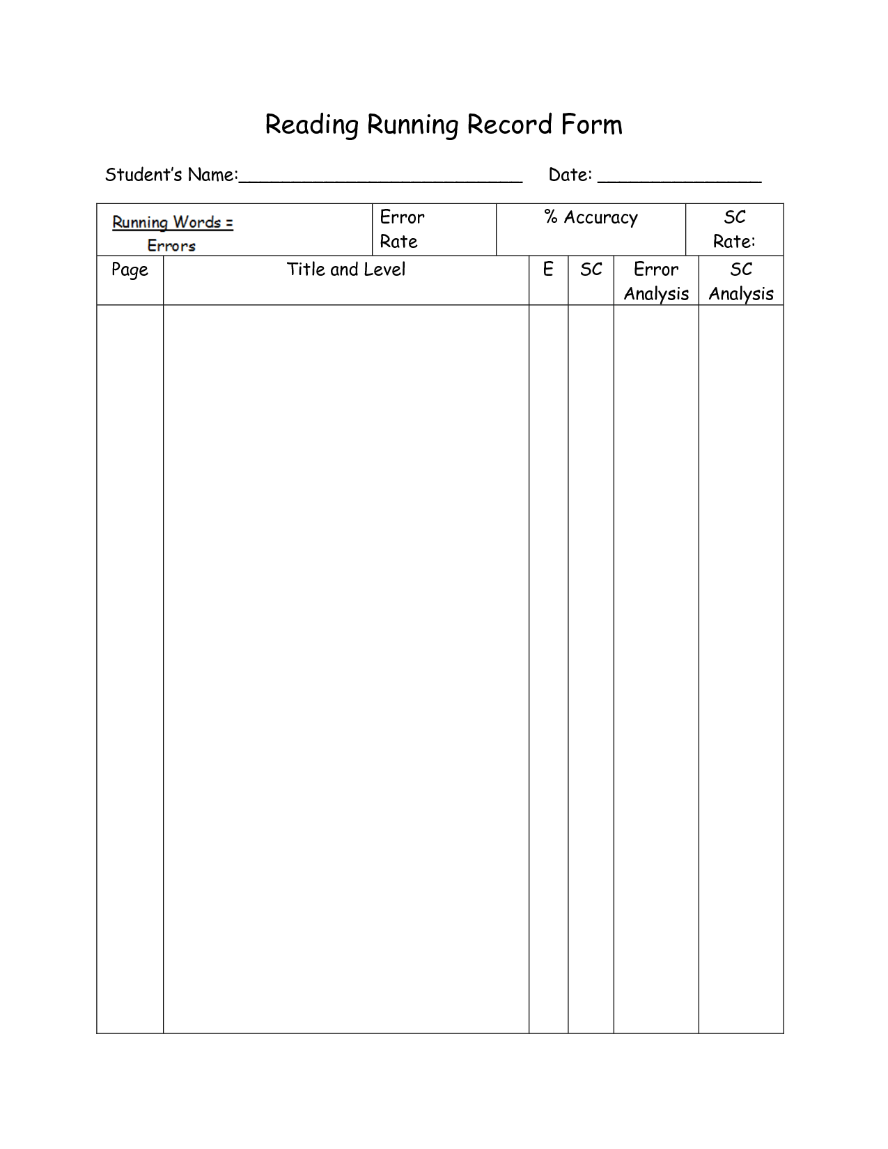Running Reading Record Template Printable Templates Free