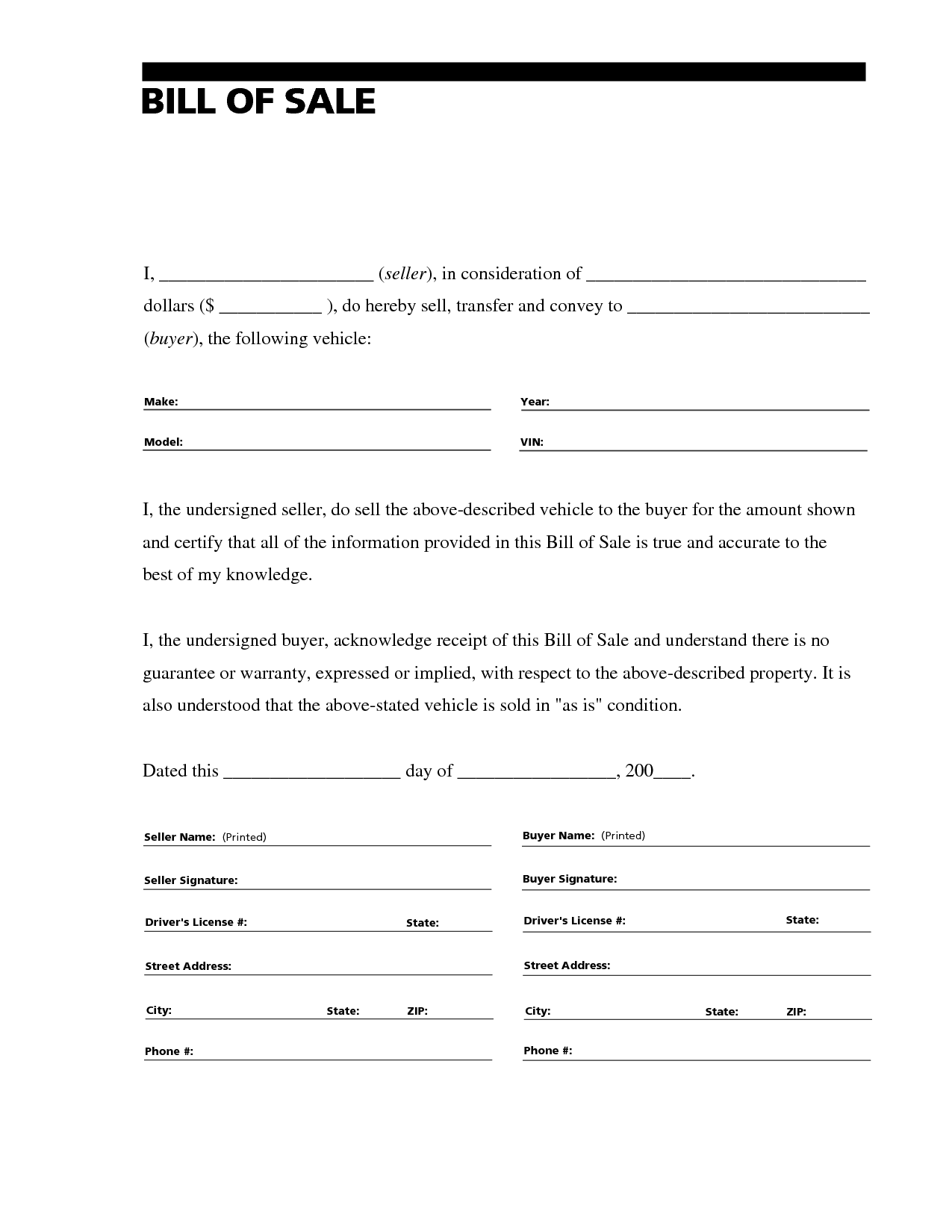 Simple Printable Bill Of Sale