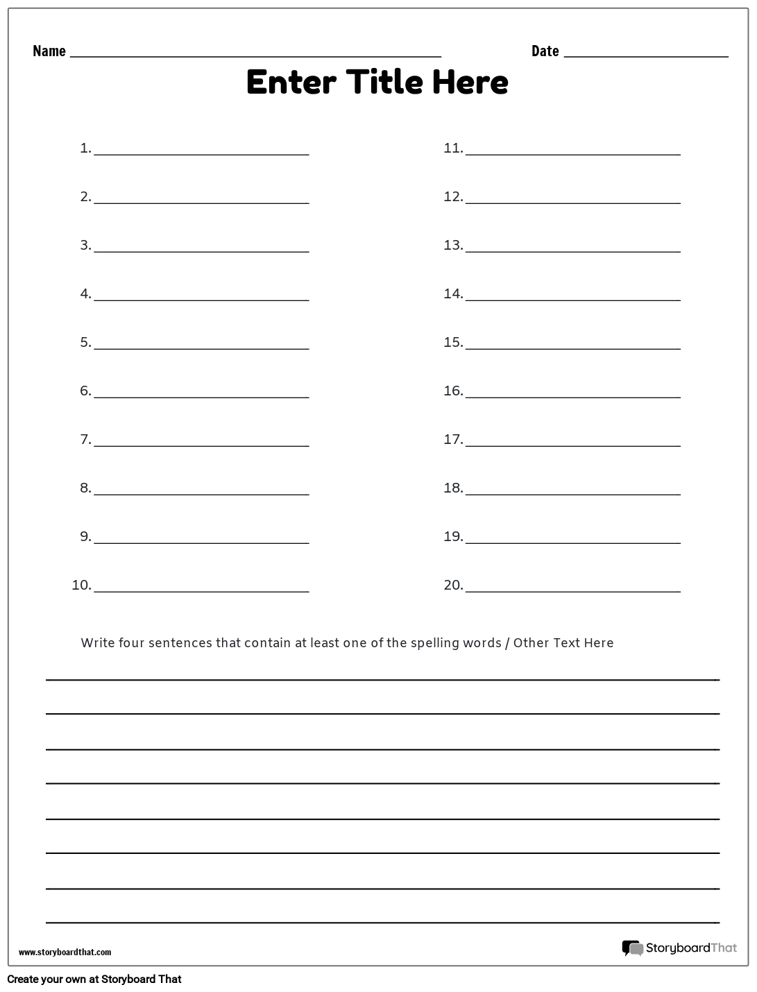 Spelling Test Template With Short Long Lines