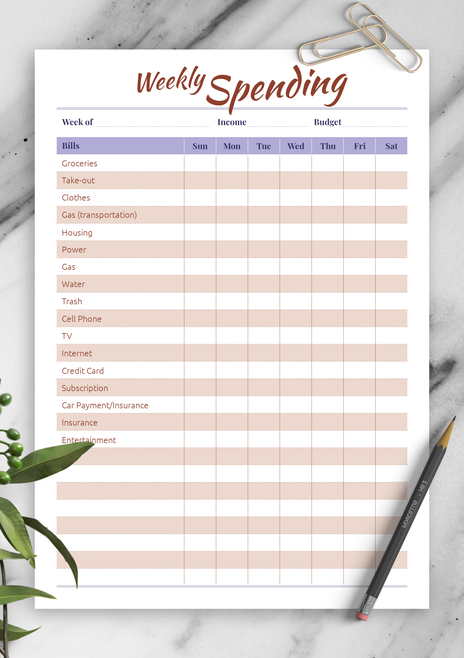 Spending Sheet Printable