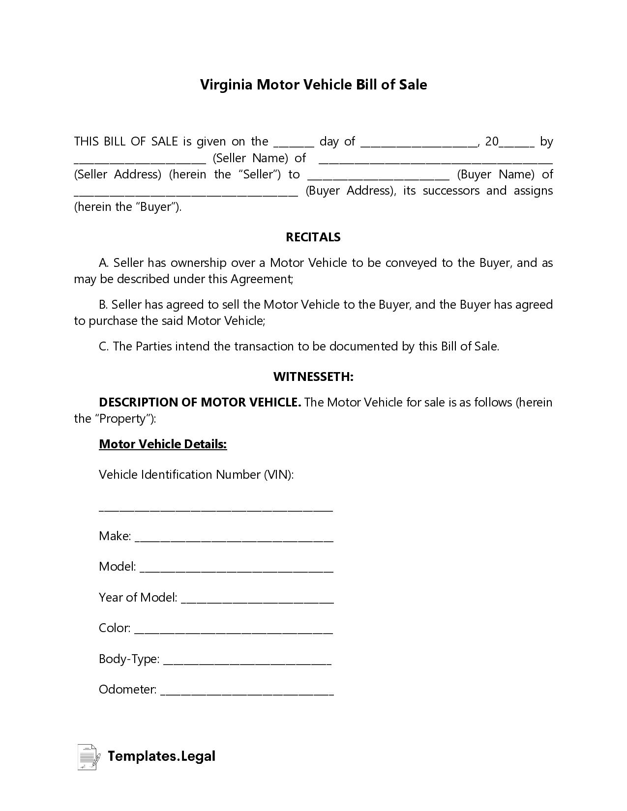 Virginia Bill Of Sale Templates Free Word PDF ODT 