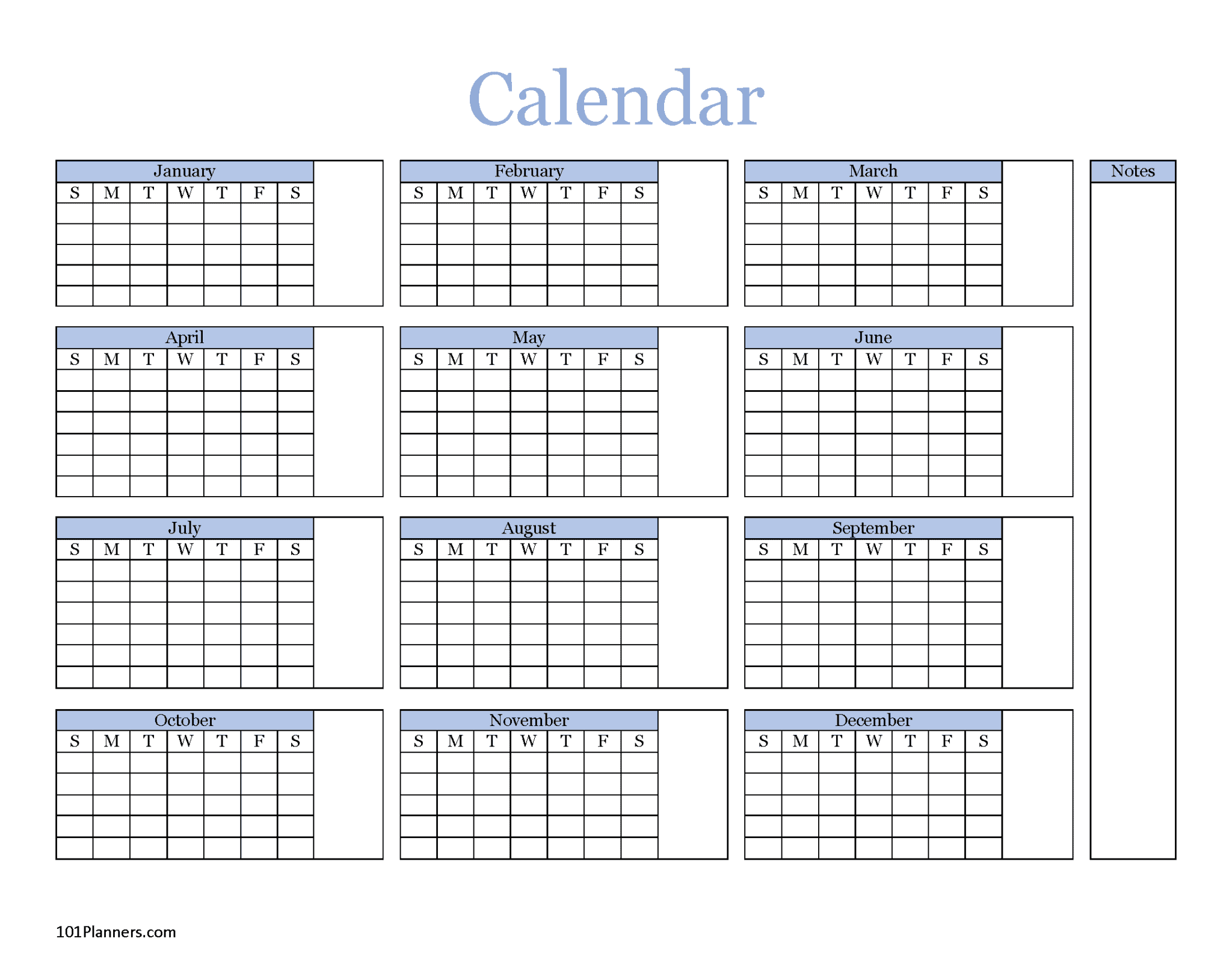 Yearly Blank Calendar Microsoft Word Editable PDF And Image Files